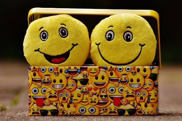 twee pluche smiley knuffels in een blik met smileys erop