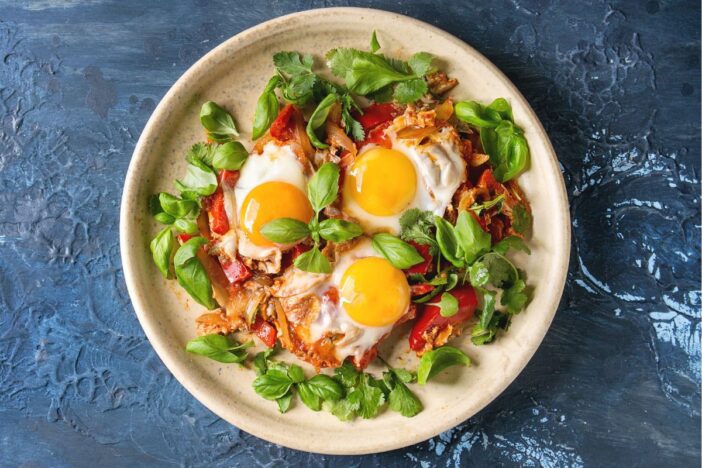 Bord met daarop groenten en drie gebakken spiegeleieren