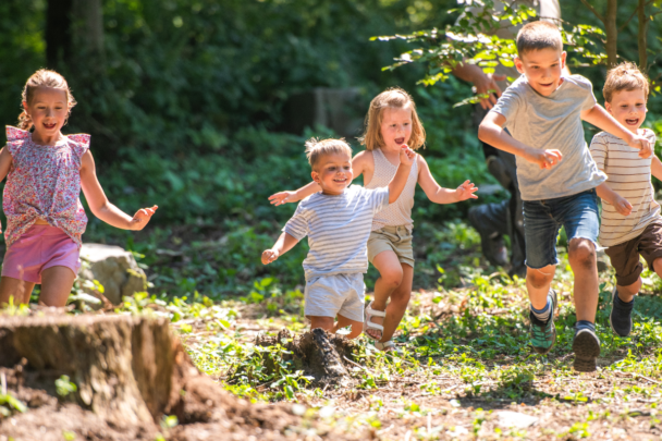 Kinderen rennen in het bos. De zon schijnt en het zijn kleine kinderen.