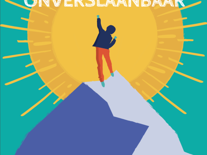 kaft van het boekje jong en overslaanbaar, illustratie van persoon op een berg