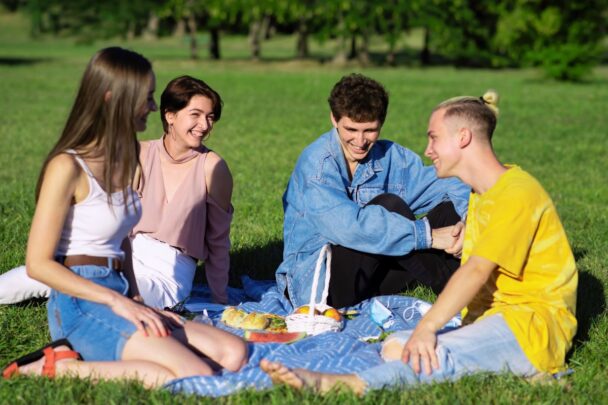 Vier mensen zijn aan het picknicken in het gras