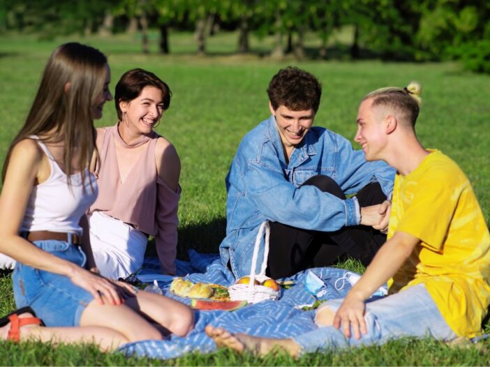 Vier mensen zijn aan het picknicken in het gras