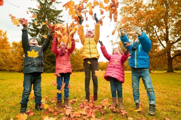 Vijf kinderen zijn buiten in het bos. Ze gooien herfstbladeren in de lucht.