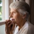 Oudere dame kijkt enigszins bezorgd door het raam naar buiten vanuit haar huis.