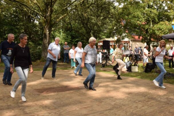 Groepje mensen doet aan line dance.