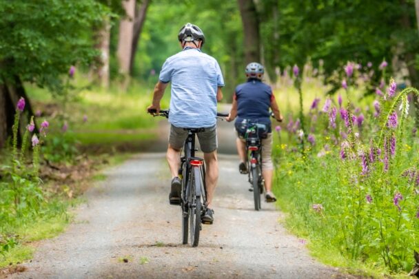 Twee fietsers fietsen over een pad langs gras, bomen en paarse bloemen.