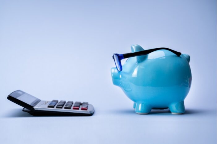 Blauw spaarvarken met bril kijkt naar een rekenmachine.