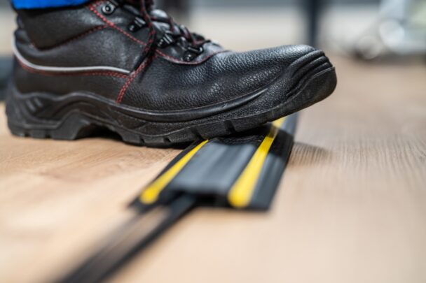 Stevige zwarte schoen op een kabelgootje.